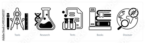 A set of 5 mix icons as tools, research, tests in black color