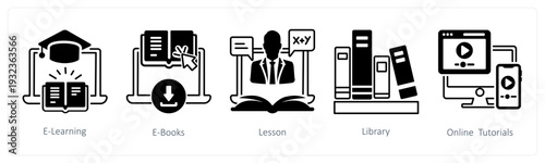A set of 5 mix icons as e learning, e books, lesson in black color