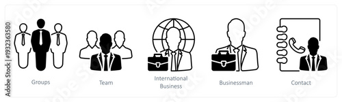 A set of 5 mix icons as groups, team, international business in black color