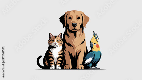 Friendly dog cat and colorful parrot sitting together in harmony animal companionship concept