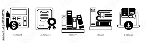 A set of 5 mix icons as account, certificate, library in black color
