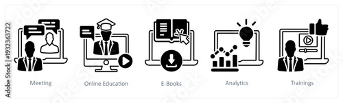 A set of 5 mix icons as meeting, online education, e books in black color