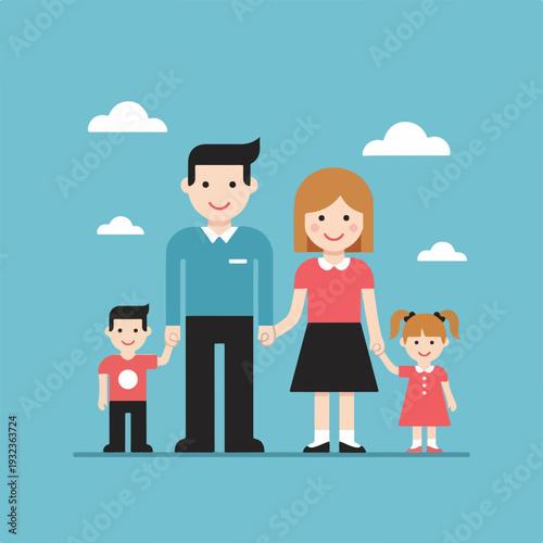 A family of four stands together on a blue background