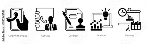 A set of 5 mix icons as hand with phone, contact, contract in black color