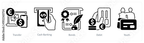 A set of 5 mix icons as transfer, cash banking, bonds in black color