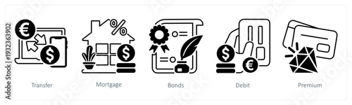 A set of 5 mix icons as transfer, mortgage, bonds in black color