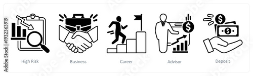 A set of 5 mix icons as high risk, business, career in black color