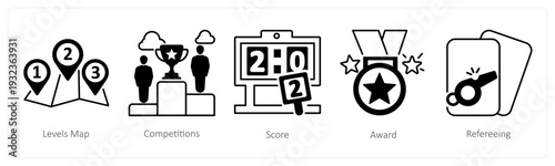 A set of 5 mix icons as levels map, competitions, score in black color