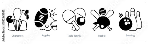 A set of 5 mix icons as characters, rugeby, table tennis in black color