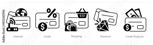 A set of 5 mix icons as internet, credit, shopping in black color