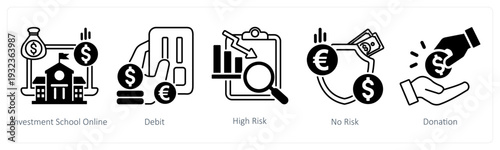 A set of 5 mix icons as investment school online, debit, high risk in black color