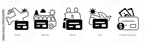 A set of 5 mix icons as travel, vehicle, youth in black color