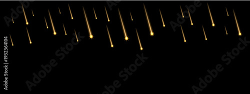 Golden meteor shower falling on black background. Sparkling light trails and cosmic fireballs for astronomy and magic celestial design.