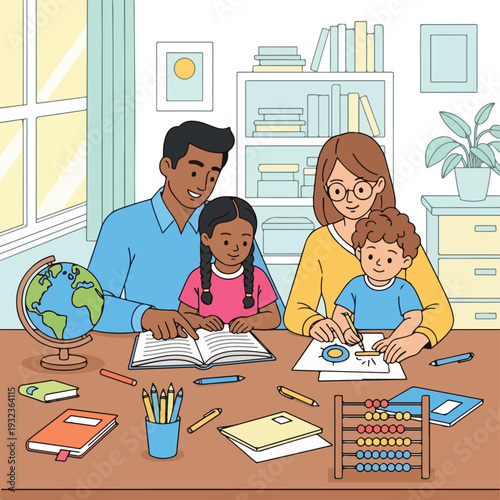 A family sits at a table, studying and learning together, in a brightly lit room