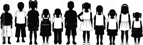 Diverse group of children silhouettes standing in a row including boys and girls in casual outfits isolated on white background