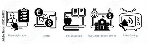 A set of 5 mix icons as player registration, transfer, self education in black color