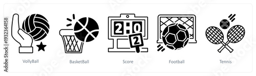A set of 5 mix icons as volleyball, basket ball, score in black color