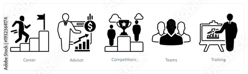 A set of 5 mix icons as career, advisor, competitions in black color