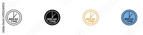 Break time clock icon set. Round watch symbol for office rest period, lunch break schedule, and time management design. Vector Illustration.