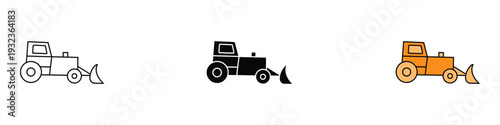Bulldozer icon set. Heavy machinery symbol for earthmoving, road building, and industrial excavation design. Vector Illustration.