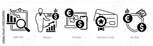 A set of 5 mix icons as high risk, advisor, transfer in black color