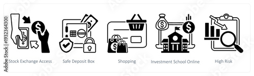 A set of 5 mix icons as stock exchange access, safe deposit box, shopping in black color