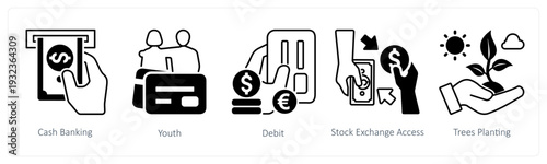 A set of 5 mix icons as cash banking, youth, debit in black color