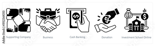 A set of 5 mix icons as supporting company, business, cash banking in black color