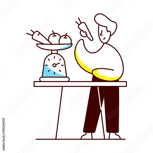 A hand drawn style illustration of a character serving food 