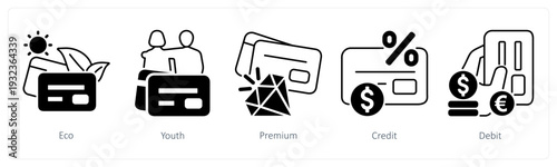 A set of 5 mix icons as eco, youth, premium in black color