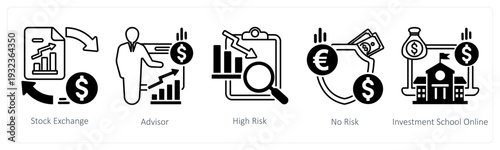A set of 5 mix icons as stock exchange, advisor, high risk in black color