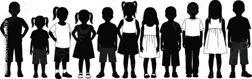Group of diverse young children standing in a row wearing casual clothes presented as black and white silhouette vector illustrations.