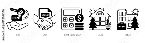 A set of 5 mix icons as rent, sold, cost calculator in black color