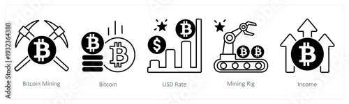 A set of 5 mix icons as bitcoin mining, bitcoin, usd rate in black color
