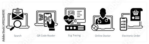 A set of 5 mix icons as search, qr code reader, ecg tracing in black color
