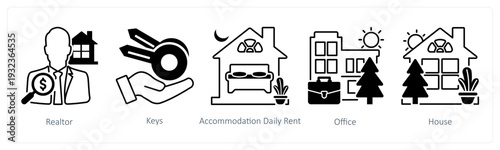 A set of 5 mix icons as realtor, keys, accommodation daily rent in black color