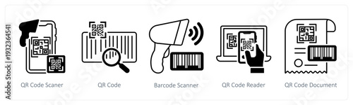 A set of 5 mix icons as qr code scanner, qr code, barcode scanner in black color