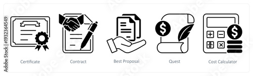 A set of 5 mix icons as certificate, contract, best proposal in black color