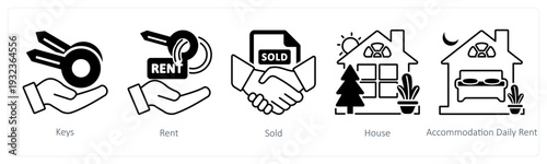 A set of 5 mix icons as keys, rent, sold in black color