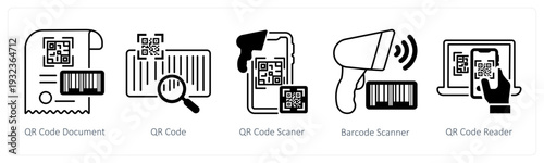 A set of 5 mix icons as qr code document, qr code, qr code scanner in black color