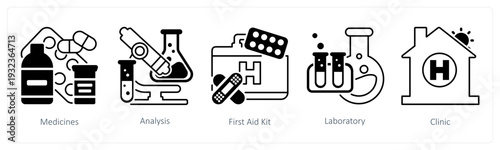 A set of 5 mix icons as medicines, analysis, first aid kit in black color