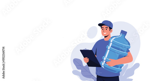 Professional delivery man in a blue uniform carrying a large plastic water bottle and a clipboard for orders.