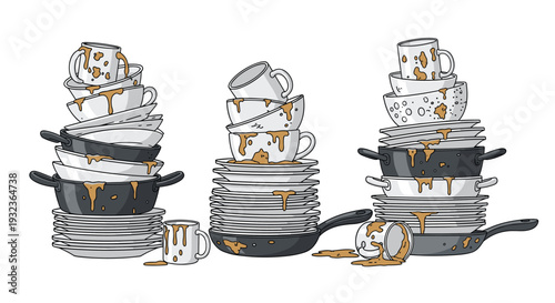 Messy stacks of dirty white dishes plates and kitchen pans covered in brown food stains after a large meal.