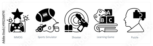 A set of 5 mix icons as mmog, sports simulator, shooter in black color