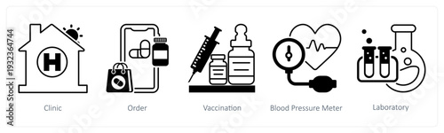 A set of 5 mix icons as clinic, order, vaccination in black color