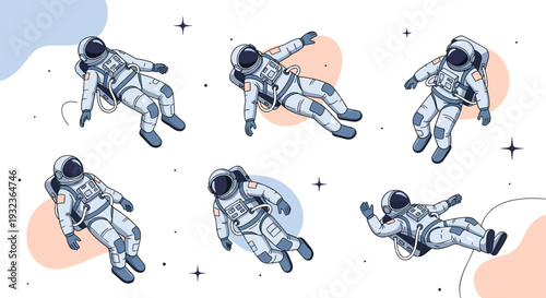 Set of brave astronauts floating in the vastness of outer space among stars and colorful abstract planetary shapes.