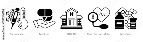 A set of 5 mix icons as thermometer, medicine, hospital in black color