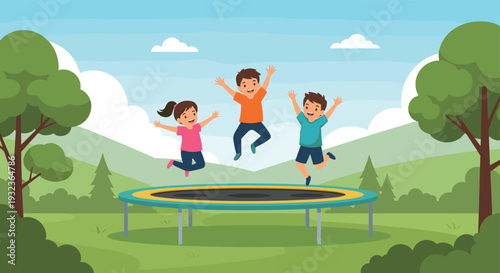 Group of happy young children jumping high on a trampoline in a beautiful park setting with trees and mountains.