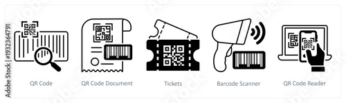 A set of 5 mix icons as qr code, qr code document, tickets in black color