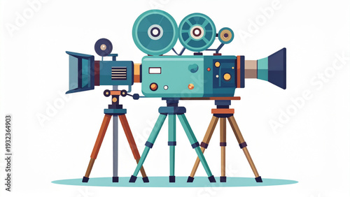 Vintage Movie Camera on Tripod – Retro Film Production and Professional Filmmaking Vector Illustration